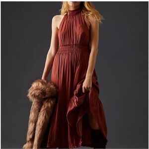 Anthropologie Tiered Halter Dress Pleated Ruffled Smocked Rust Colored 12